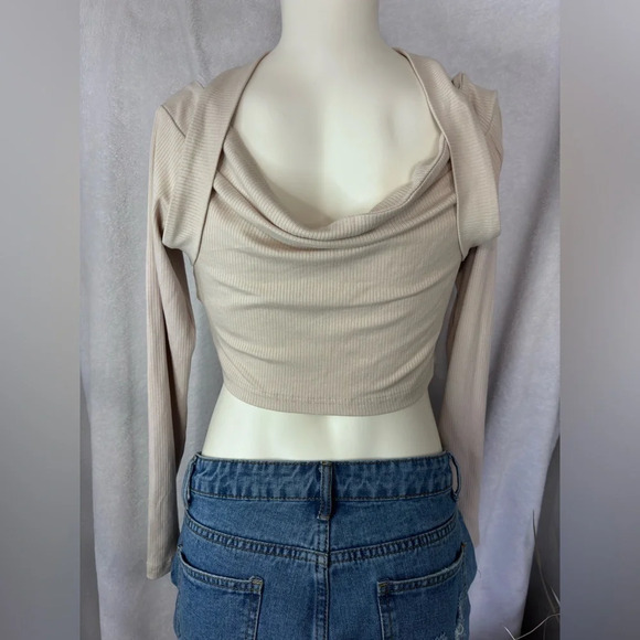 Ribbed Knit‎ Top Asymmetrical Long Sleeve Off Shoulder Crop Top - Picture 4 of 7